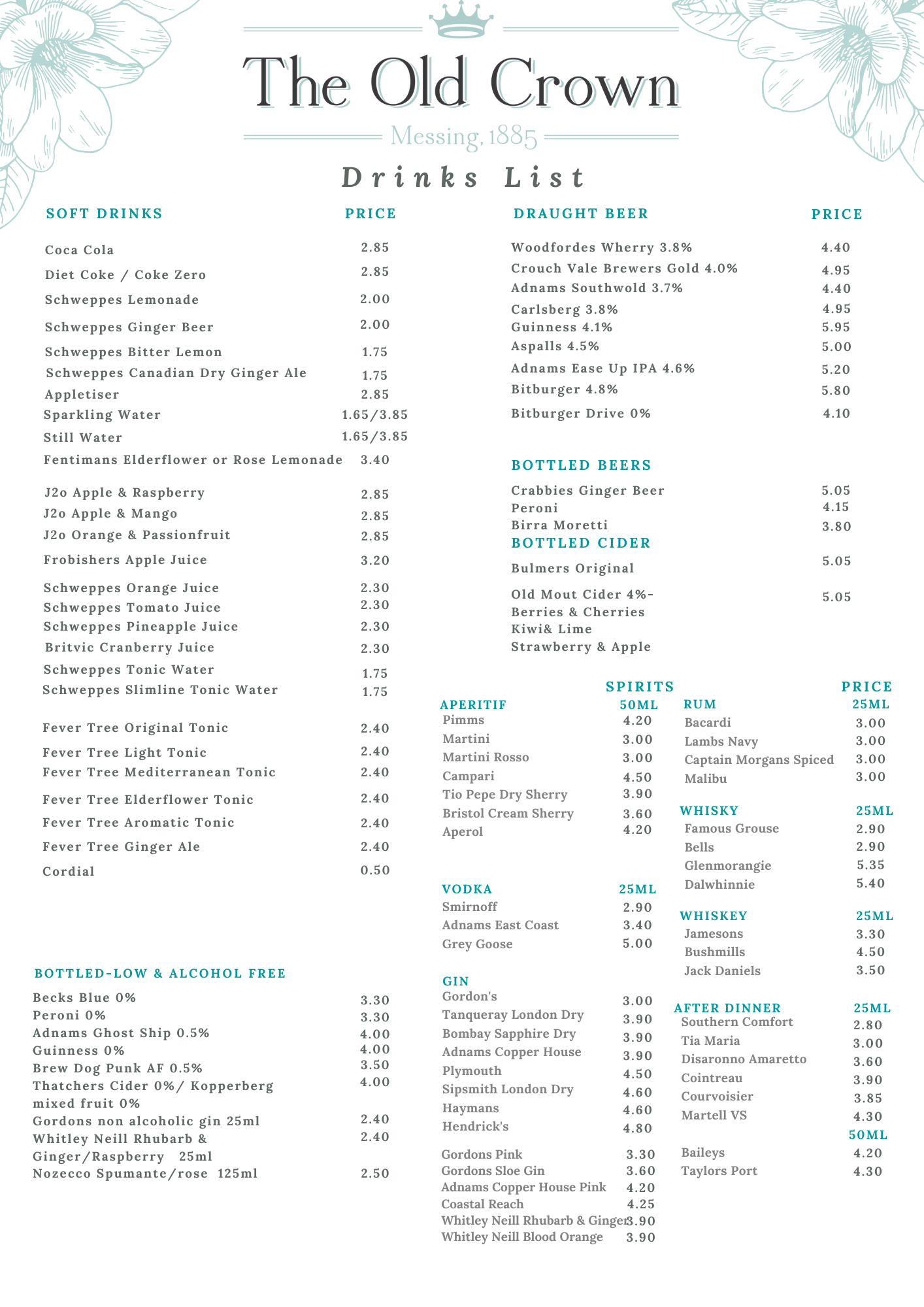 Menus – The Old Crown Messing